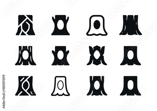 Hollow Tree Logo Variations. Trunk. Icon set. Set Logo of Trunk: hollow tree cavity. harmonious logo variations of the same emblematic concept, each with