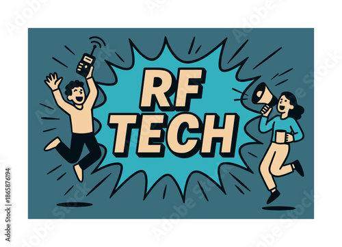RF Tech Burst. RF tech banner, flat vector illustration, bold oversized text inside comic burst, cartoon characters jumping and holding transmitters, holding a