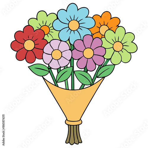 Colorful cartoon bouquet of flowers on black background