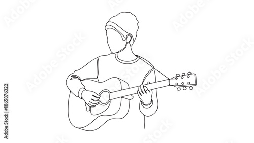 A Minimalist Line Drawing of a Person Playing an Acoustic Guitar