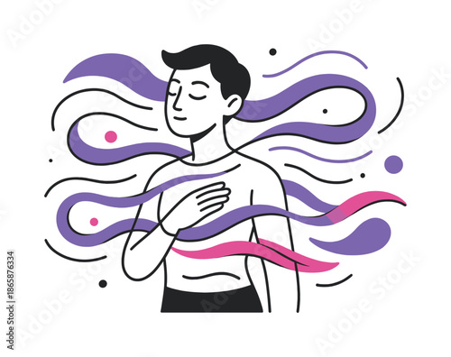 Air Whisper Enchantment. Air Whisper Scene. A slim figure closes their eyes as flowing air wraps softly around them like translucent ribbons. Floating dots and