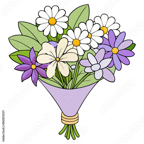 Colorful bouquet of flowers in a purple wrapper