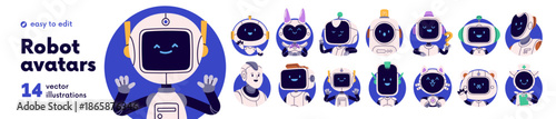Cute robot avatars, AI characters set. Happy, smiling faces of digital assistants in circle round frames for user profiles. Funny technology bots. Flat vector illustration isolated on white background