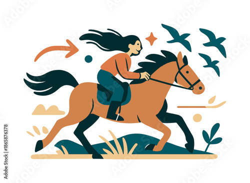 Galloping Freedom Scene. Horseback riding. A rider gallops across an open field, mane and hair flying in unison, with birds trailing behind in the sky. Freedom
