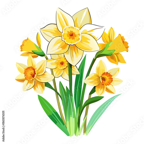 A bouquet of yellow and white daffodils with green stems and leaves