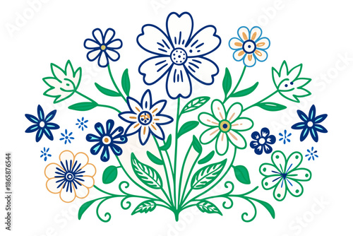 Stylized folk art floral arrangement with blue white and orange flowers