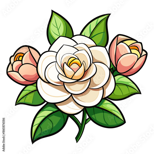 Elegant white and pink magnolia flowers with green leaves on black