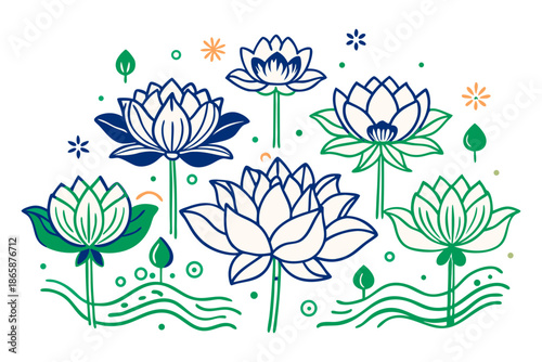 Stylized lotus flowers in blue white and green on black background