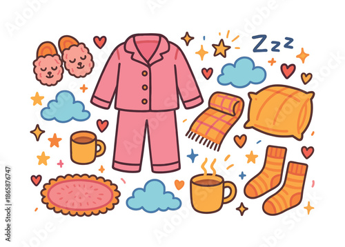 Cozy Sleepwear Doodle. Cute Sleepwear. Colorful Hand-drawn doodle Children illustration fuzzy slippers, pajamas, blanket, pillow, hearts, stars, sparkles, cozy