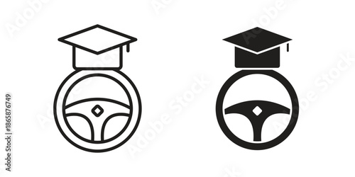 Driving school icons set designed in filled, outline, line and stroke style