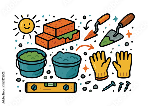 Colorful Masonry Doodles. Building with Mortar. Colorful Hand-drawn doodle Children illustration trowel, bricks, mortar bucket, gloves, sun icon, dust specks,
