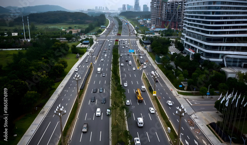Wuhan Highway Aerial Photography - Multi-Lane Avenue with Urban Development