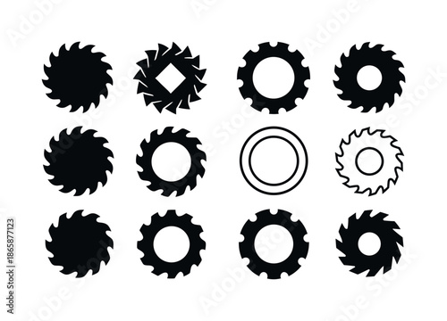 Sharp Tools Logos. Sharp tools. Icon set. Set Logo of sharp tools: saw blade. harmonious logo variations of the same emblematic concept, each with different