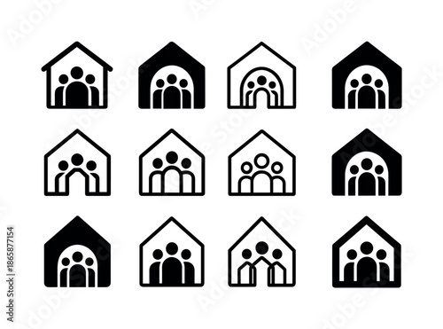 Evacuation Center Icons. Evacuation center. Icon set. Set Logo of evacuation center: designated safe area border. harmonious logo variations of the same