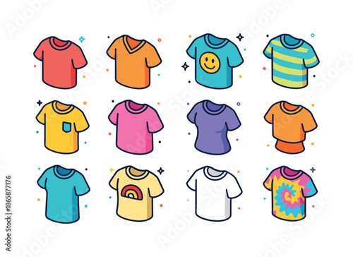 Colorful T-Shirt Icons. Casual T-shirts. Colorful isometric vector icons set of casual T-shirts: crew neck tee, V-neck tee, graphic tee, striped tee, pocket