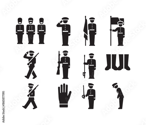 Honor Guard Icons. Honor guard line. Solid icon set of Honor guard line: ceremonial guards, military salute, honor line formation, flag bearer, dress uniform,