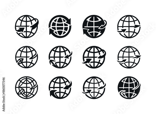 Trade Logos Collection. international trade agreements and summits. Icon set. Set Logo of international trade agreements and summits: globe with arrows of