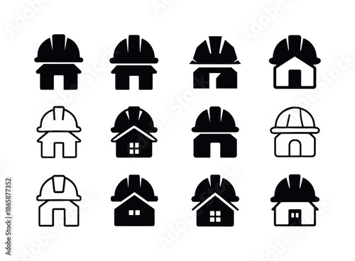 House Renovation Icons. Renovating a house. Icon set. Set Logo of renovating a house: renovation hard hat. harmonious logo variations of the same emblematic