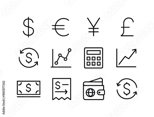 Currency Exchange Icons. Currency exchange. Line icon set of Currency exchange: dollar symbol, euro symbol, yen symbol, pound symbol, exchange arrows, currency