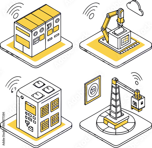 Isometric industrial icon set with manufacturing equipment, power plant, automation, tools, safety signs, logistics and production symbols, vector.