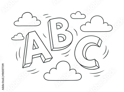 Floating Alphabet Clouds. Floating letters children?s coloring book illustration, outlined drawing, simple 3D letters drifting in the sky with clouds and soft