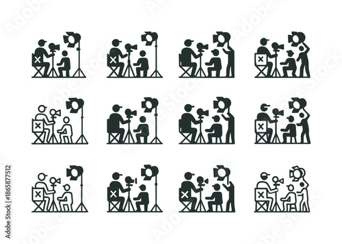 Film Set Logo Variations. Film set with director and crew. Icon set. Set Logo of Film set with director and crew: stage spotlight. harmonious logo variations