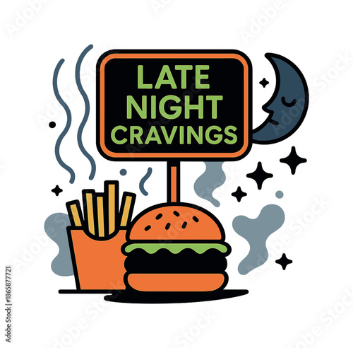Midnight Snack Delight. Late Night Cravings. A glowing fast food sign floats above a small box of fries and burger, with a sleepy moon and stars in the