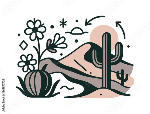 Desert Blooms. Desert bloom. Cacti, sand dunes, and sunrise gradients merge in an abstract desert scene. A balance of minimalism and organic vitality. Modern
