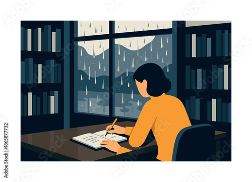 Rainy Day Reading. Rainy day library. Raindrops slide down a large window as a reader sketches notes, soft reflections and cool tones creating peaceful focus.