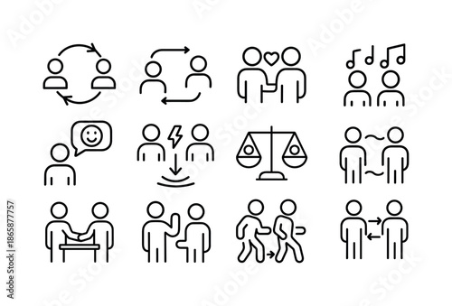 Interpersonal Dynamics Icons. Interpersonal Dynamics. Line icon set of Interpersonal Dynamics: feedback loop icon, reciprocity arrows, mutual interest, shared