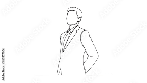 Minimalist continuous line art of a confident professional man in a business suit, symbolizing elegance and corporate success
