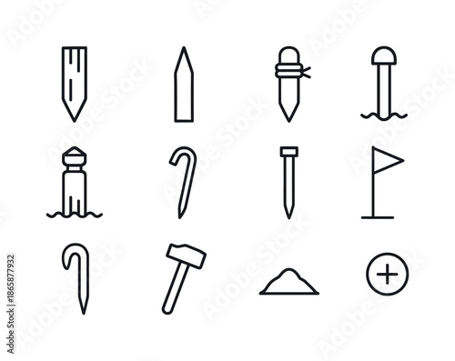 Stake Icon Set. Stake. Line icon set of stake: wooden stake, sharpened point, rope tied stake, ground marker, fence post, camp stake, metal spike, boundary