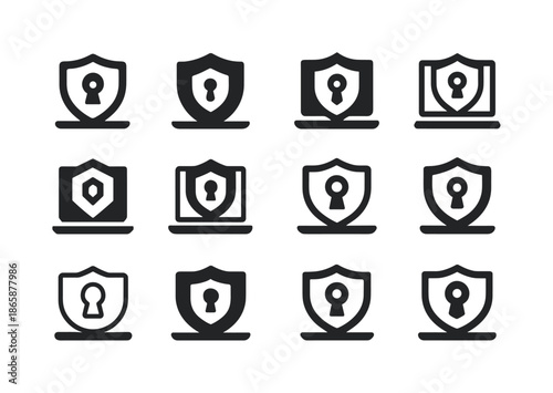 Remote Work Logos. Remote work revolution post-pandemic. Icon set. Set Logo of Remote work revolution post-pandemic: cybersecurity shield. harmonious logo