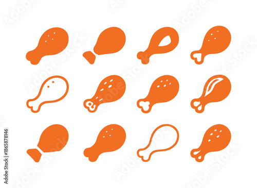 Fried Chicken Logos. Crispy fried chicken. Icon set. Set Logo of Crispy fried chicken: side view of fried chicken drumstick. harmonious logo variations of the