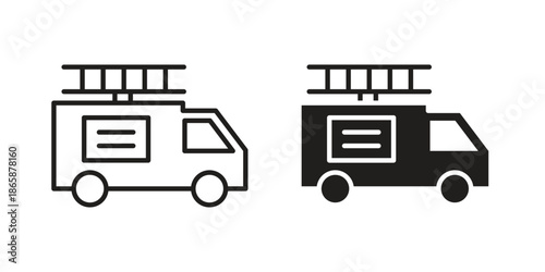 Fire truck icons set designed in filled, outline, line and stroke style