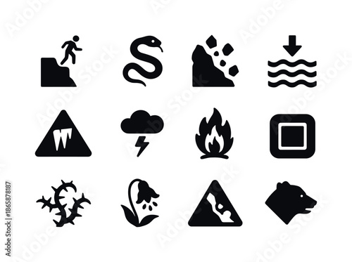 Outdoor Hazard Icons. Outdoor hazards. Solid icon set of outdoor hazards: steep cliff, venomous animal symbol, unstable rocks, strong currents icon, falling