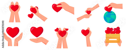 Charity Hands Holding Red Hearts Illustration Set