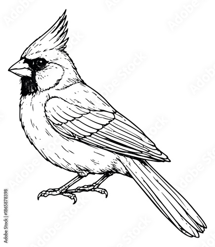 Hand drawn line art illustration of a cardinal bird depicting it perched for nature themed designs © labirint