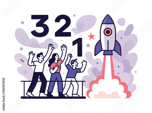 Rocket Launch Celebration. Launch moment. A rocket lifts off with a glowing trail as spectators cheer from a nearby platform; abstract countdown numbers float