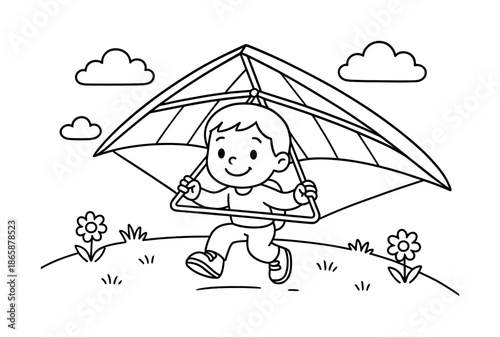 Hang Glider Landing Fun. Landing with a smile children?s coloring book illustration, outlined drawing, child gently touching down with a hang glider on a