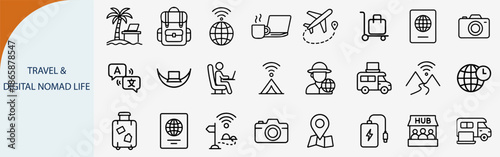 Set of 24 Travel and Digital Nomad Life Outline Icons