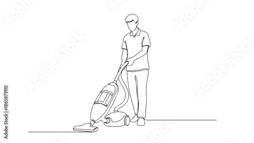 Continuous line art drawing of a man diligently vacuuming the floor, representing domestic tasks, home cleaning, and modern lifestyle efficiency