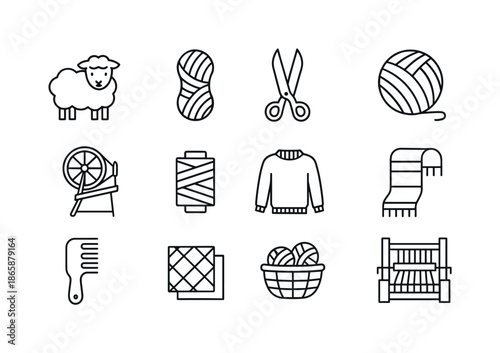 Wool Processing Icons. Wool processing. Line icon set of Wool processing: sheep, wool yarn, shears, ball of yarn, spinning wheel, thread spool, sweater, scarf,