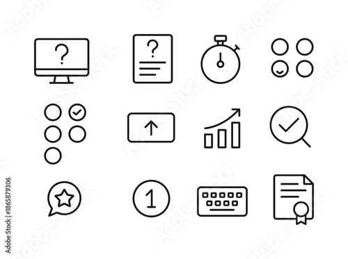 Online Assessment Icons. Online Assessments. Line icon set of Online Assessments: quiz icon, question sheet, timer icon, multiple-choice bubbles, submit