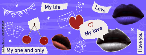 Female lips with a speech bubble, a declaration of love on scrapbooking paper. Romantic collage "I love you," poster, postcard with red cherries and a heart. Cut-out vector elements with uneven edges.