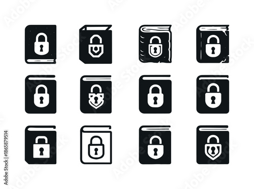 Dusty Tome Icons. Dusty tome. Icon set. Set Logo of Dusty tome: closed tome with lock. harmonious logo variations of the same emblematic concept, each with