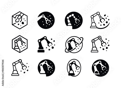 Space Debris Logos. Space debris cleanup. Icon set. Set Logo of space debris cleanup: robotic arm collector. harmonious logo variations of the same emblematic