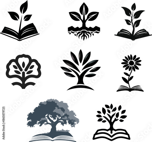 Growing flora and conceptual iconography are combined in a  modern silhouette, symbolizing the knowledge gained from a book