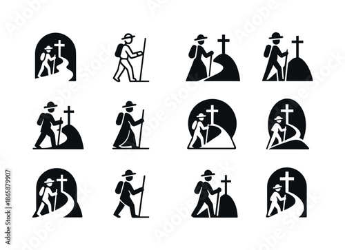 Pilgrimage Logo Icons. Pilgrimage routes and sacred destinations. Icon set. Set Logo of pilgrimage routes and sacred destinations: pilgrim walking symbol.