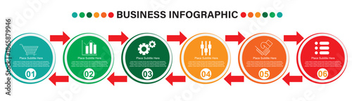 Business Infographic Template Vector - 6 Steps Circular Process Flow Chart Colorful Timeline Elements